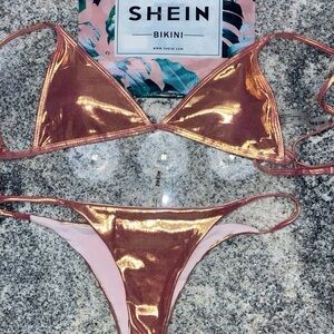 SHEIN Coral 🪸 Gold Metallic Bikini Triangle Top High-Cut Thong